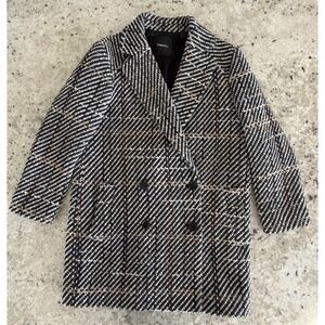 Theory‎ Cafe P Navy & Ivory Graphic Tweed Wool Blend Coat Size Small